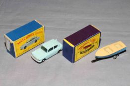 Matchbox Lesney 7 Ford Anglia and 48 Meteor Sports Boat and Trailer. Near Mint in Very Good boxes.