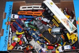 Box of large selection of model vehicles including a few Corgi and Dinky models, Corgi Elf Tyrrell,