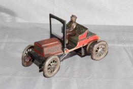 German tinplate clockwork 2 Seat Car. Original paint with wear and minor surface corrosion.