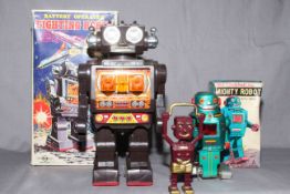 SH Japan battery operated Fighting Robot, Mighty Robot and unknown loose plastic Robot.