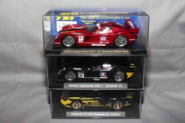 3 Fly Slot Cars Panoz GTR UK Special Edition Red, Panoz GTR Le Mans 97 and Porsche 911 GT S Oliver.