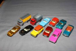 Eleven Matchbox Superfast vehicles, GMC Tipper Truck, Racing Mini, Field Car,