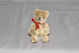 1930s Schuco Jointed Teddy Bear. Mohair with Red Ribbon. Excellent.