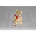 1930s Schuco Jointed Teddy Bear. Mohair with Red Ribbon. Excellent.