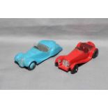 Dinky 38a Frazer Nash BMW with blue hubs and Jaguar SS100 Sports Car. Very Good unboxed.