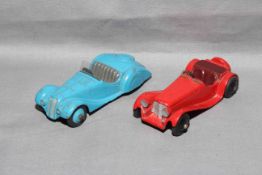 Dinky 38a Frazer Nash BMW with blue hubs and Jaguar SS100 Sports Car. Very Good unboxed.