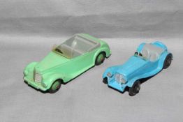 Dinky 38e Armstrong Siddeley with green hubs (corrosion to base) and 38f Jaguar SS100 Sports Car.