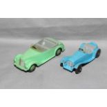 Dinky 38e Armstrong Siddeley with green hubs (corrosion to base) and 38f Jaguar SS100 Sports Car.
