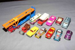 Twelve Corgi Juniors cars and commercial vehicles, Ford D Series Car Transporter, Mercedes 280 SL,