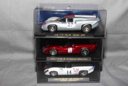 3 Fly Slot Cars Lola T70 Mk3B, Sebring 1969, UK Special Edition Red and Alcaniz 1999.