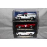 3 Fly Slot Cars Lola T70 Mk3B, Sebring 1969, UK Special Edition Red and Alcaniz 1999.