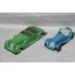 Dinky 38c Lagonda with green hubs and 38f Jaguar SS100 Sports Car. Very Good to Near Mint unboxed.