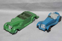 Dinky 38c Lagonda with green hubs and 38f Jaguar SS100 Sports Car. Very Good to Near Mint unboxed.