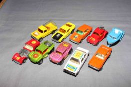 Ten Matchbox Superfast cars, Dragster, Ford Mustang, Ford Capri, Ford RS2000, BMW and Baja Buggy.