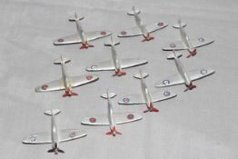 9 x Dinky 62a Spitfire and 62b Hawker Hurricane. Good to Very Good unboxed.