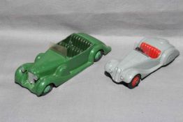 Dinky 38a Frazer Nash with red hubs and 38c Lagonda with green hubs.