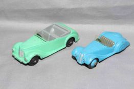 Dinky 38a Frazer Nash BMW Sports with blue hubs and 38e Armstrong Siddeley Coupe.