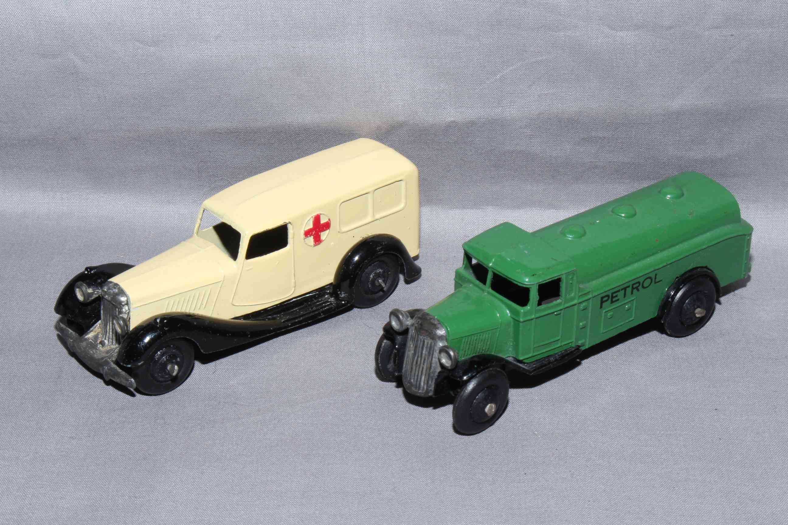 Post War 25d Tanker with type 2 chassis “PETROL” and 30f Ambulance. Excellent unboxed.