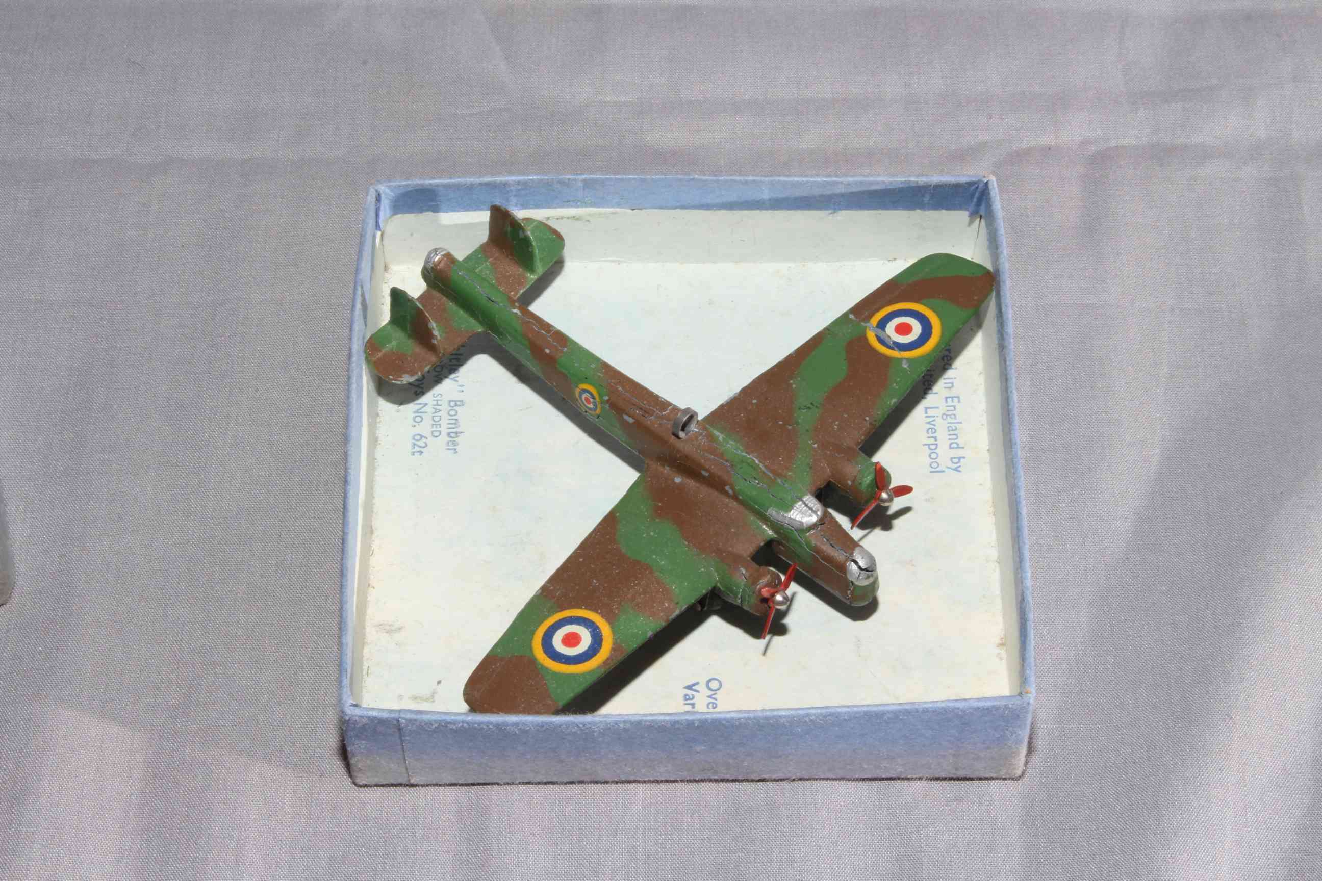 Wartime Dinky 62t Armstrong Whitworth Whitley Bomber with gliding hole.