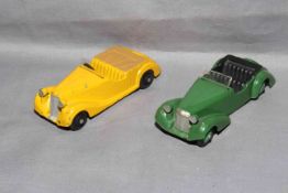 Dinky 38b Sunbeam Talbot and 38d Alvis with light green hubs. Very Good to Excellent unboxed.