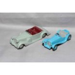 Dinky 38 Lagonda with grey hubs and 38f Jaguar SS100 Sports Car with blue hubs.