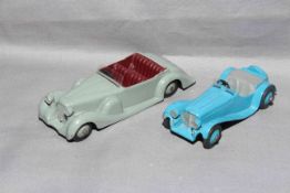 Dinky 38 Lagonda with grey hubs and 38f Jaguar SS100 Sports Car with blue hubs.