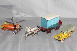 DRGM clockwork Gyro Copter, Tipp Co small Truck and early Horse Drawn Penny Toy.