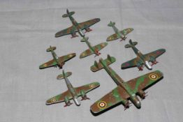 Five x Pre War Dinky military aircraft. 62T Whitly Bomber, 62d Bristol Blenheim, 62e Spitfire.