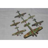 Five x Pre War Dinky military aircraft. 62T Whitly Bomber, 62d Bristol Blenheim, 62e Spitfire.