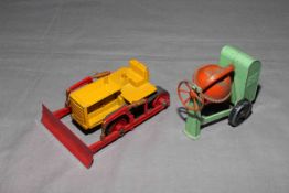 Early Lesney Cement Mixer with Light Green body and Black wheels plus Caterpillar Bulldozer with