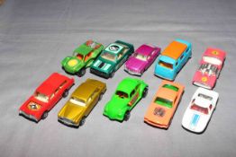 Ten Matchbox Superfast cars, Baja Buggy, Rolls Royce, VW Fastback, Ford GT40 and Dragster.