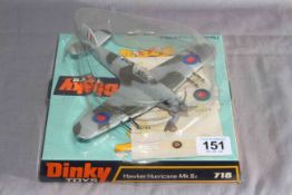 Dinky 718 Hawker Hurricane MkIIc. Near Mint in Excellent box complete with decal sheet.