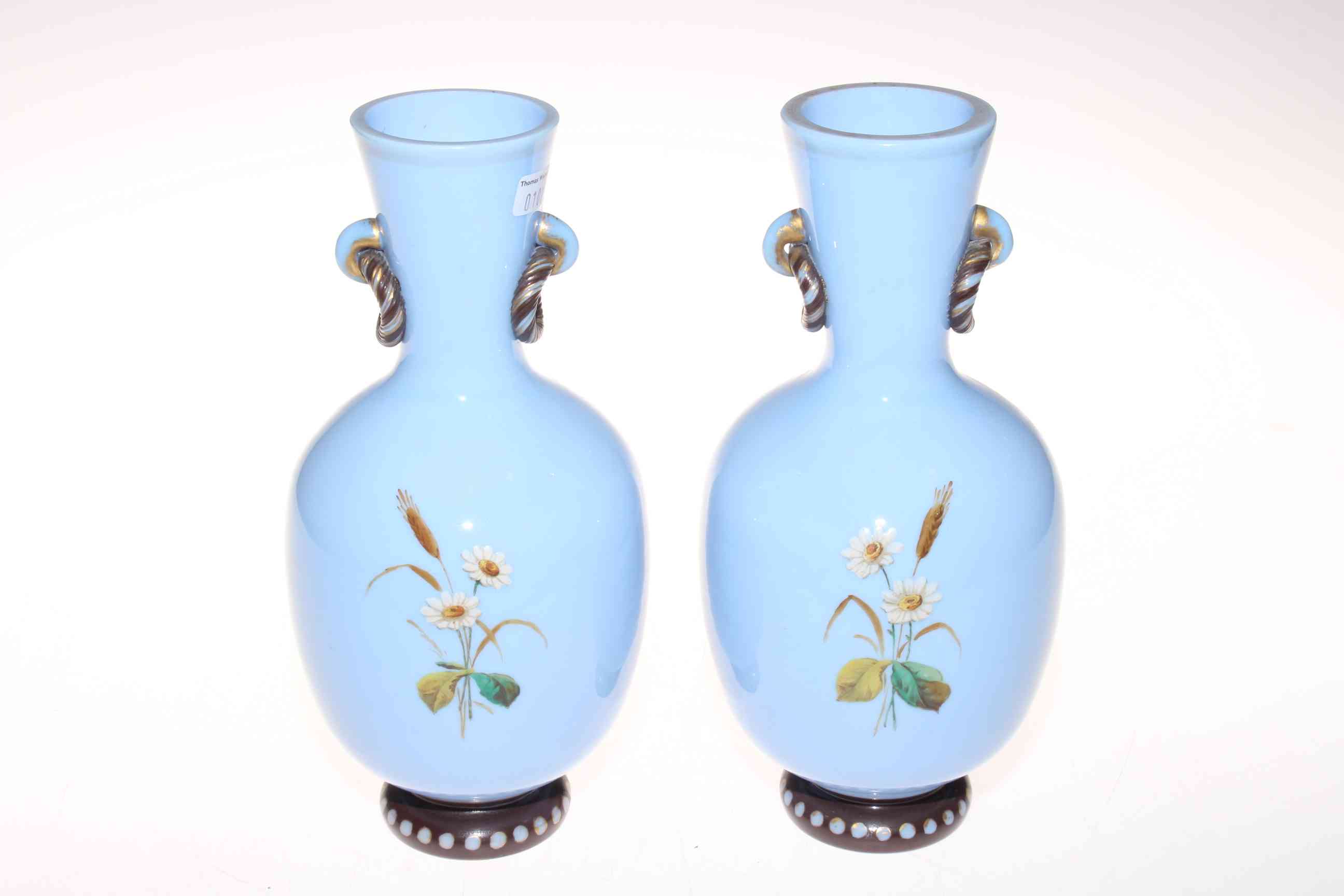 Pair Victorian blue opaque glass vases with enamelled decoration of birds and flowers, 23.5cm. - Image 2 of 3