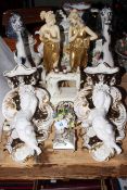 Pair of Continental cherub wall brackets and pair of matching vases, pair of classical figures,