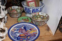 Oriental blue and white octagonal planter, pair of Cantonese style bowls,