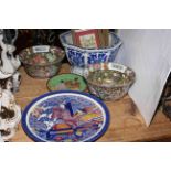 Oriental blue and white octagonal planter, pair of Cantonese style bowls,