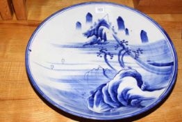 Pair large Chinese blue and white chargers, 37cm diameter.