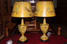 Pair of as new Oriental design metal table lamps with matching shades, 80cm high.