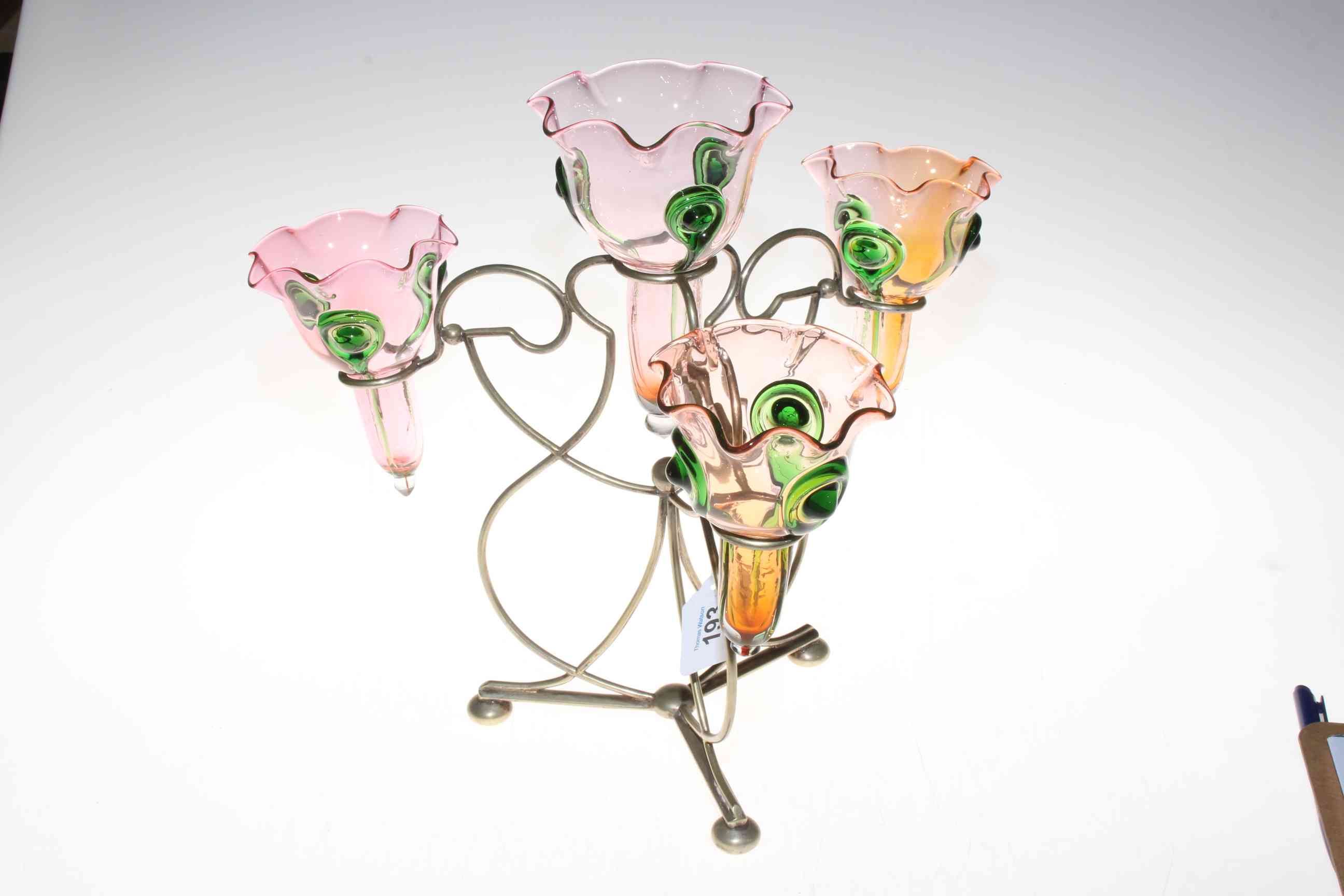 Edwardian silver plated and tinted glass four branch epergne, 32cm.