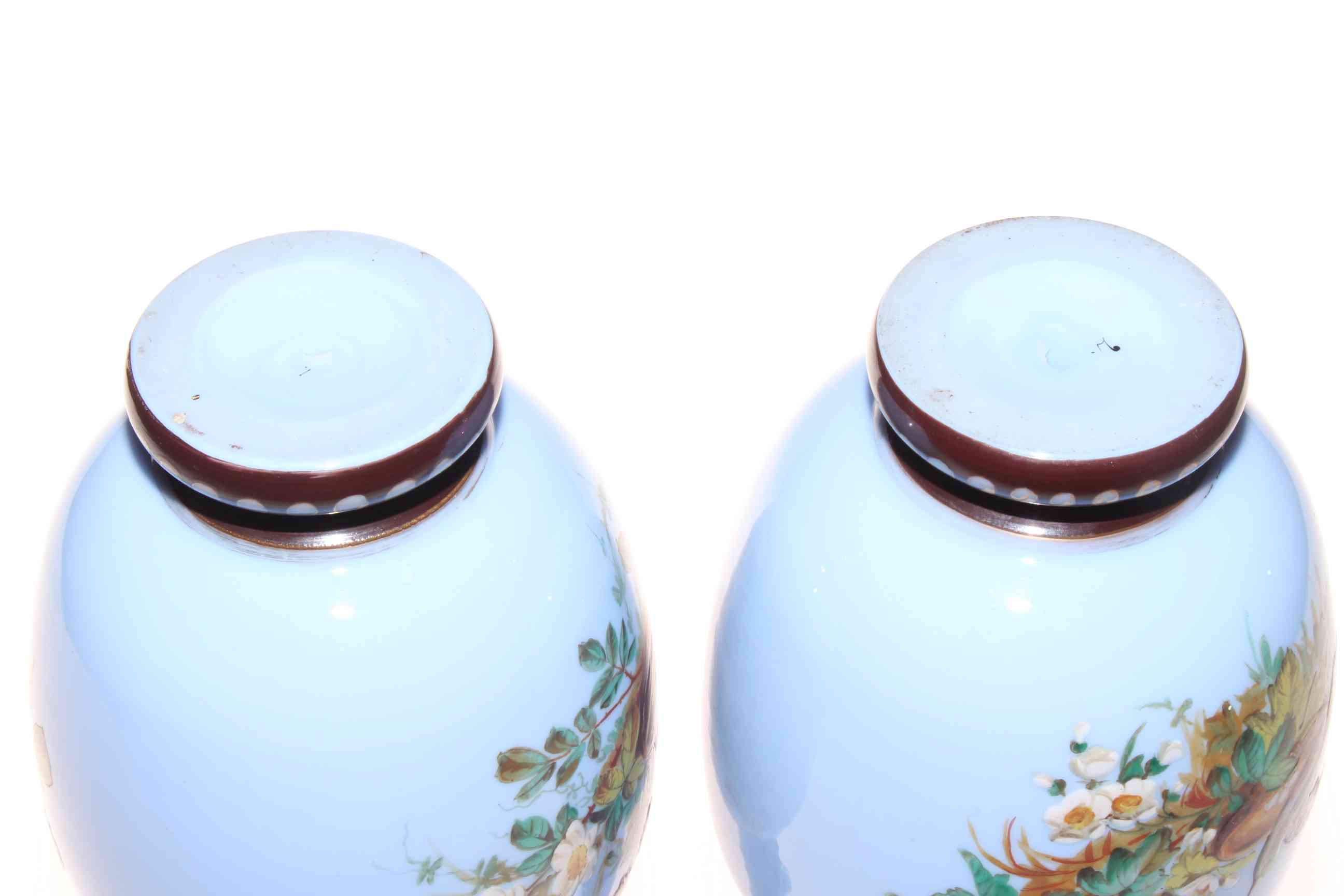 Pair Victorian blue opaque glass vases with enamelled decoration of birds and flowers, 23.5cm. - Image 3 of 3