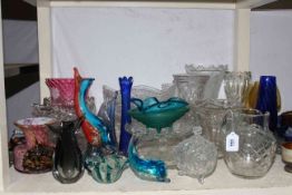 Collection of clear and coloured glass including glass clown, trinket ware, vases, bowls,