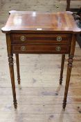 Inlaid mahogany two drawer side table on turned reeded legs, 77cm high, 54cm wide, 43cm deep.