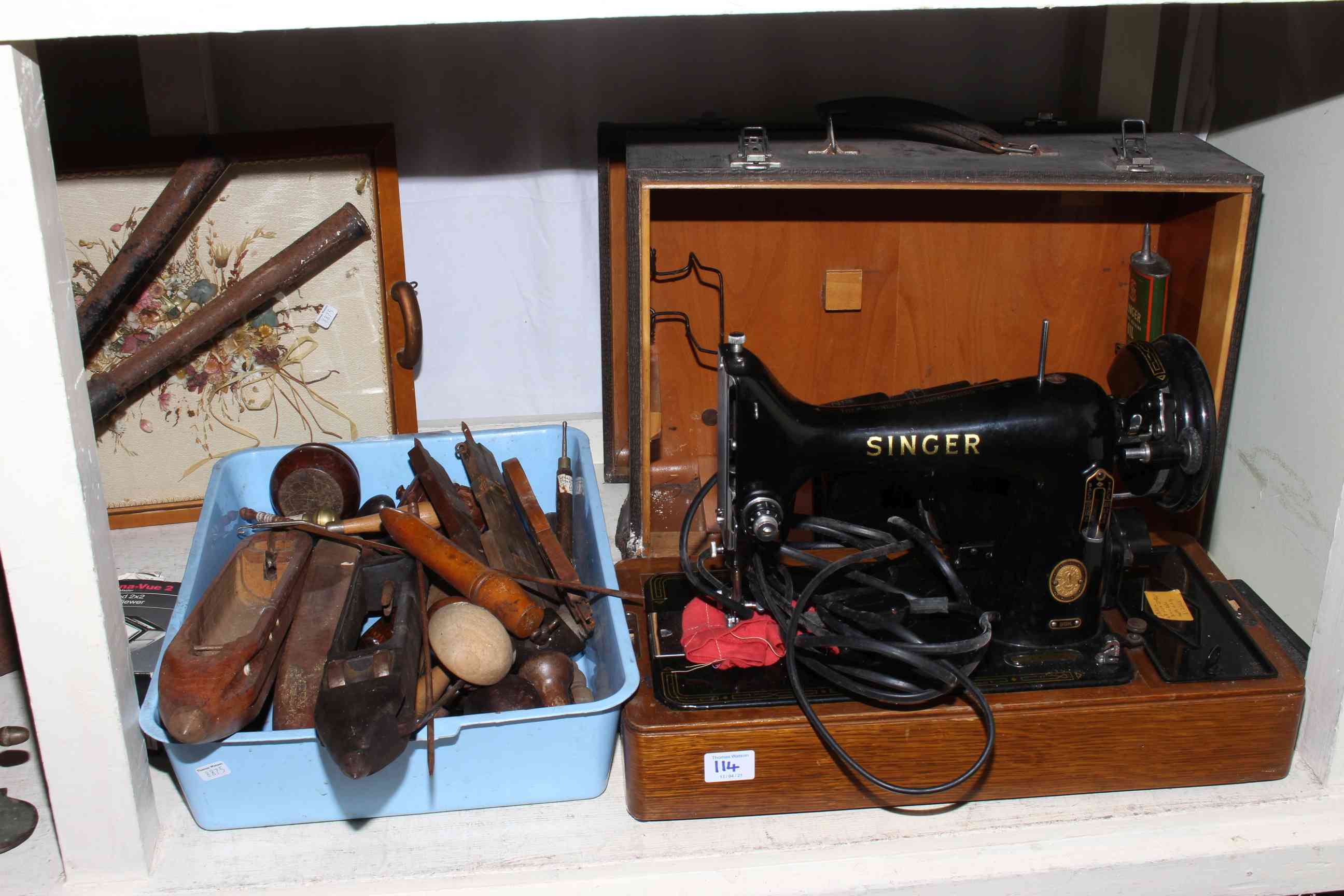 Full shelf of collectable including sewing machine, lace bobbins, knitting sheaths, - Image 3 of 4