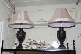 Pair of classical urn style table lamps with silk shades and three x three branch candle style wall