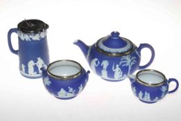 Wedgwood Blue Jasperware four piece tea service (small chip to jug spout).