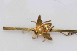 9 carat gold insect brooch, set with cabochon gem stones and seed pearls, 4cm wide.