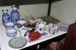 Blue and white Oriental china including vases, tea bowls, oval plate, Studio style pottery, plaque,