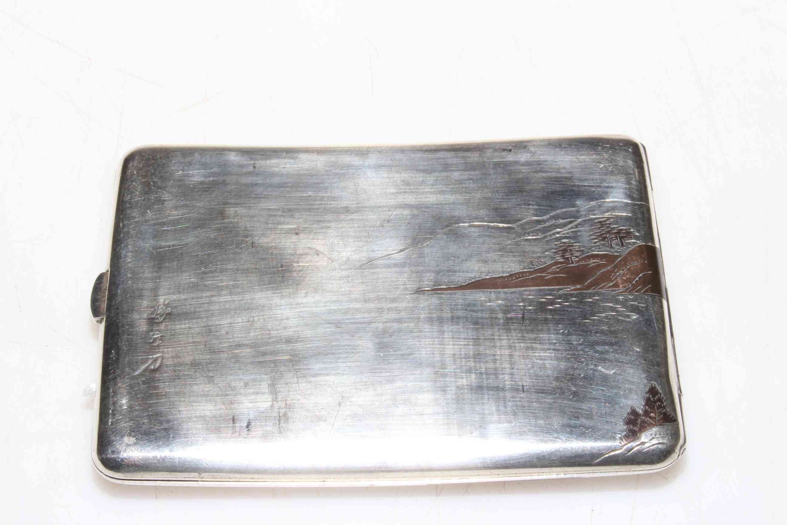 Japanese silver cigarette case with inlay landscape decoration to external and internal, - Image 2 of 3
