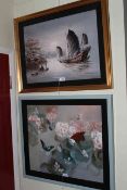 Two modern framed paintings, Chinese junk and Butterflies.