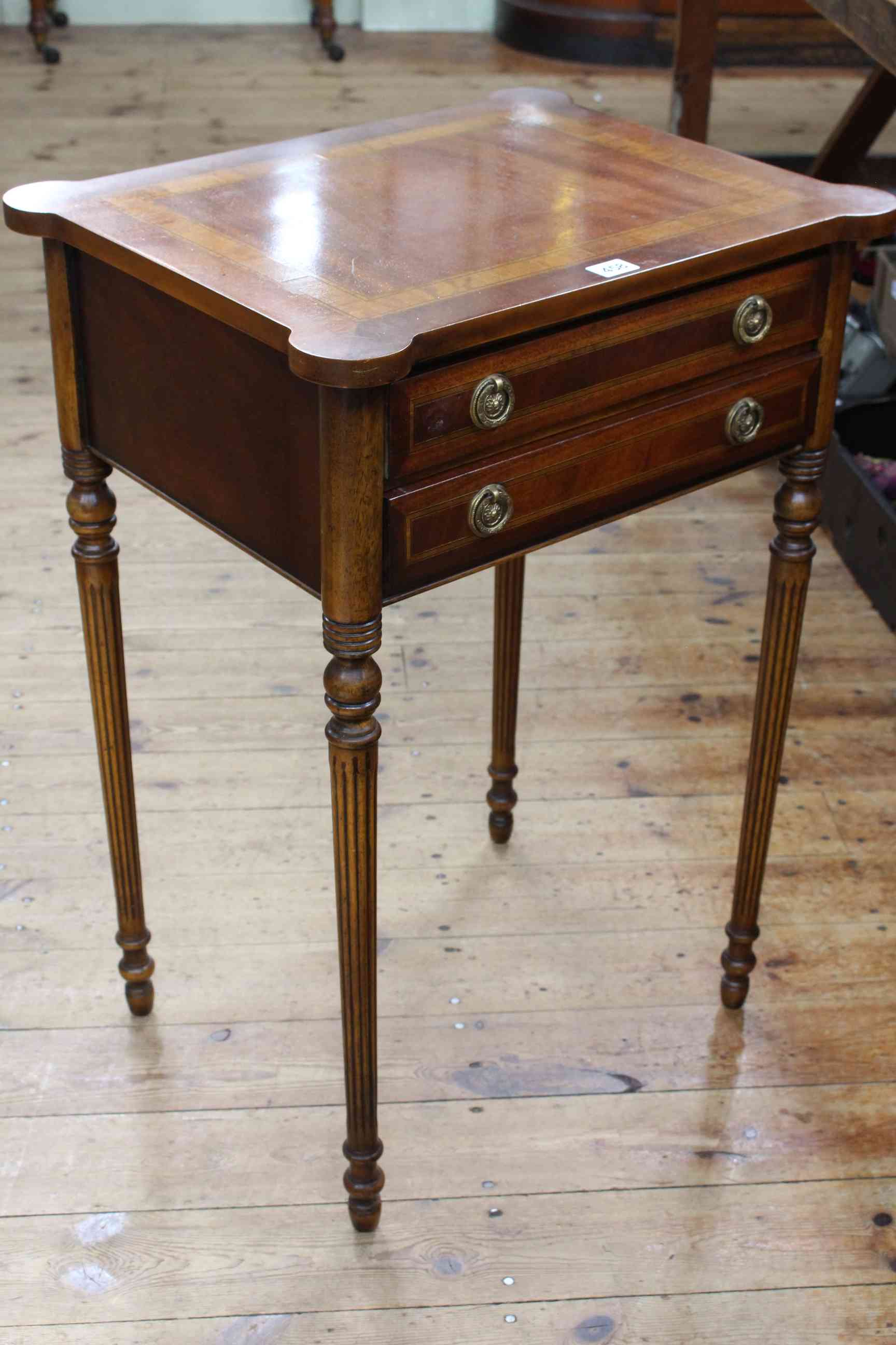 Inlaid mahogany two drawer side table on turned reeded legs, 77cm high, 54cm wide, 43cm deep. - Image 2 of 2